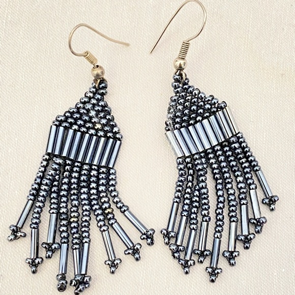 Boho Beaded Earrings Seed Bead Metallic Blue Dangle Drop Fringe - Picture 4 of 8